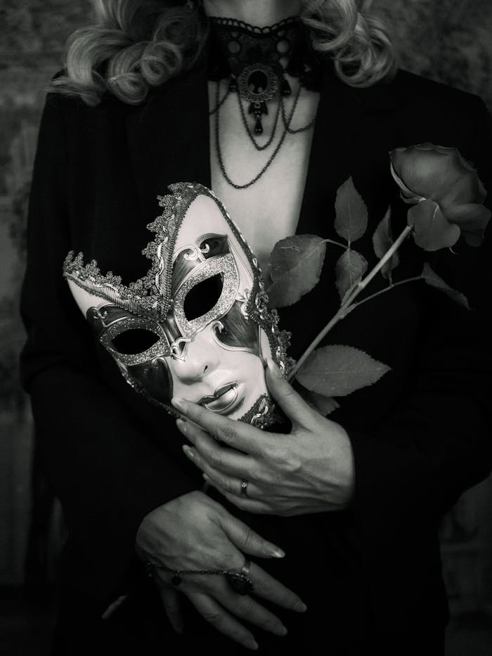 Mysterious woman holding a venetian mask and rose, dressed in gothic style.